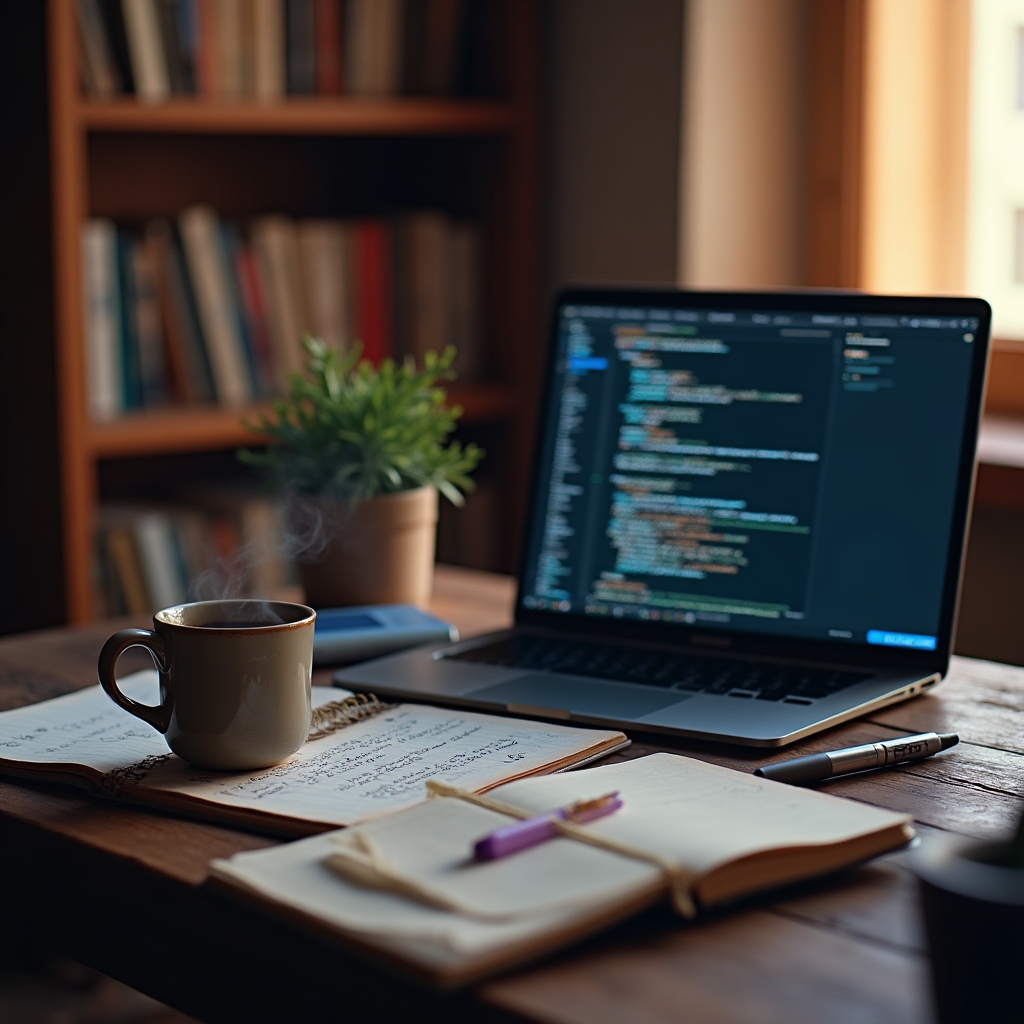 A modern creative workspace with code on screen, notebooks, and warm studio lighting reflecting a developer's research environment